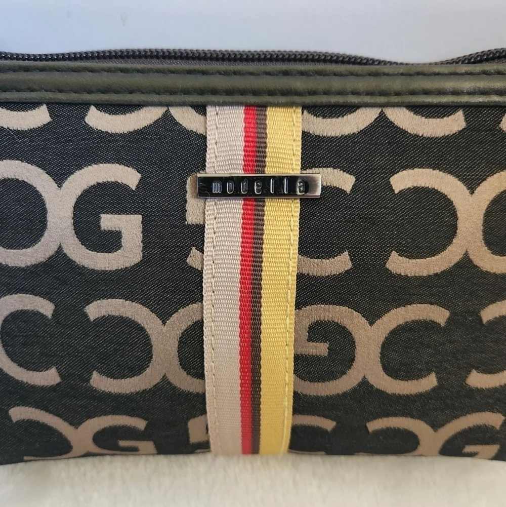 Modella Black Olive Green Logo Striped Cosmetic Bag Pouch